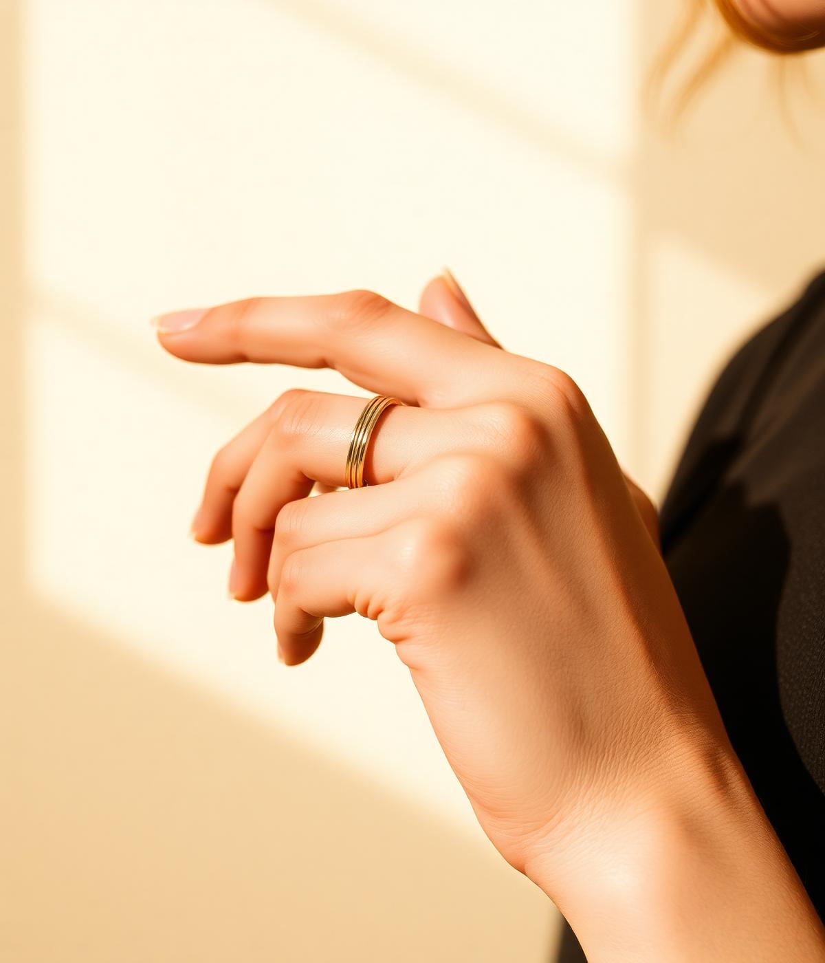 Hand wearing slim stacked gold rings in warm daylight
