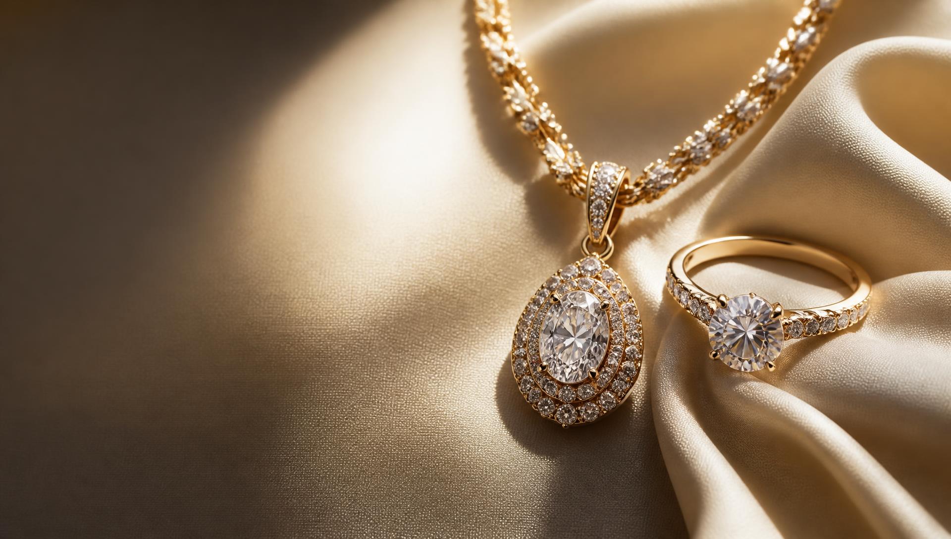 Gold diamond pendant necklace and solitaire ring resting on ivory silk